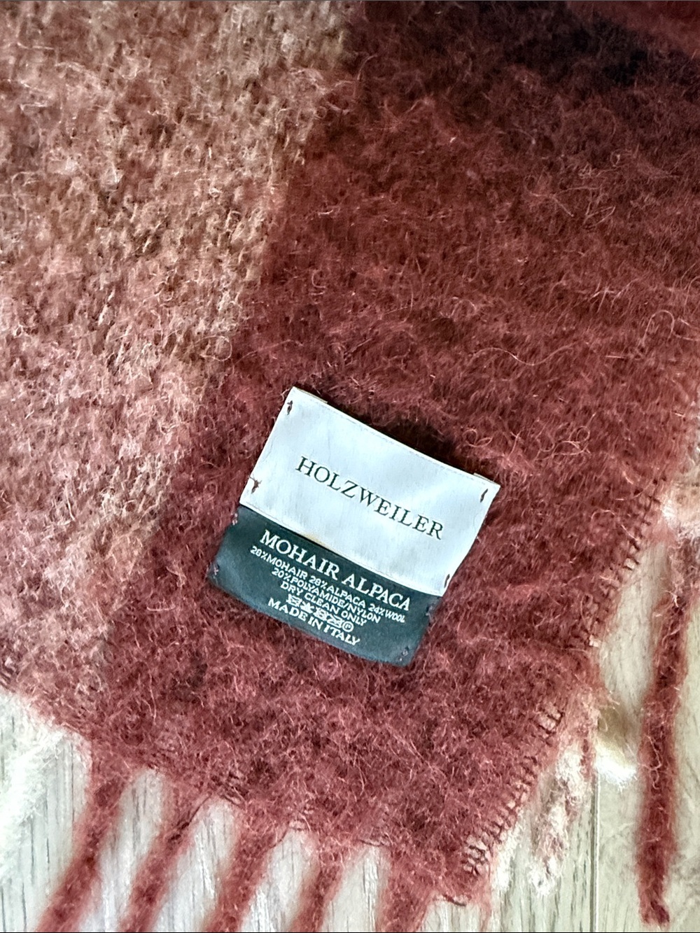 Holzweiler Mohair Alpaca Fringe Scarf in Rust and Cream
